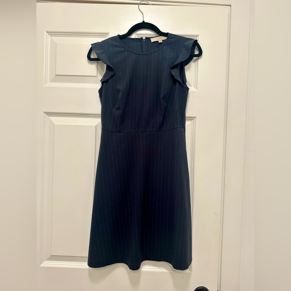 Loft navy pinstrip dress with ruffle cap sleeve